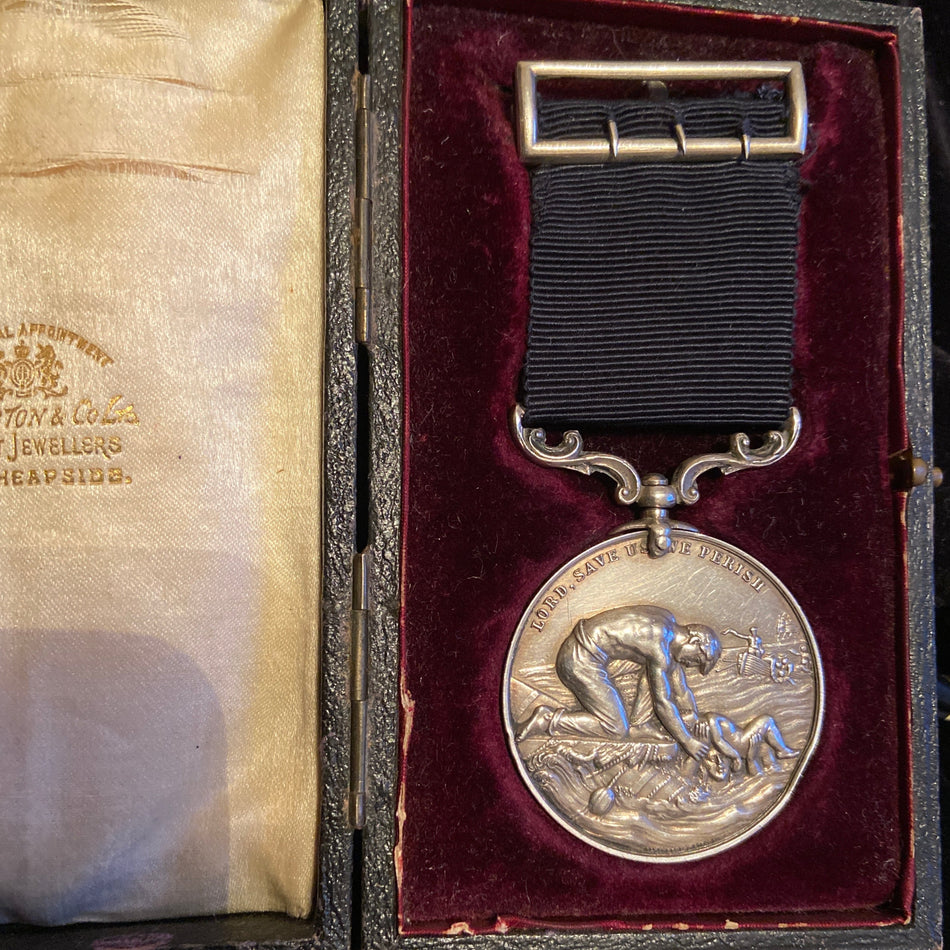 Liverpool Shipwreck & Humane Society Silver Medal presented to Mr. Thomas Davies for humane perseverance and successful exertions to restore life to Mr. W. Taylor 20 June 1885