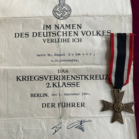 Nazi Germany, War Merit Cross, 2nd class, civil, with original award document issued in Berlin, 1st September 1944, to Doctor Eduard Schreuer