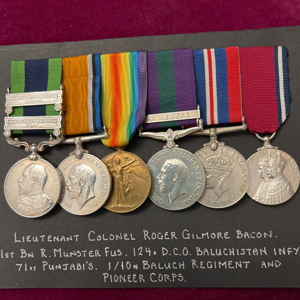 A fine group of 6 to Lieutenant Colonel Roger Gilmore Bacon, 1 Battalion, Royal Munster Fusiliers, 124 D.C.O. Baluchistan Infantry, 71st Punjabis, 1/1 Baluch Regiment & Pioneers Corps, full history