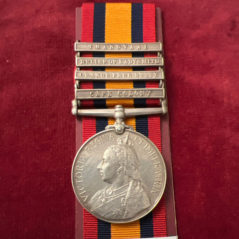 Queen's South Africa Medal, 4 bars: Transvaal, Relief of Ladysmith, Orange Free State & Cape Colony, to 5526 Corporal William George Pointing, 2/ Royal Scots Fusiliers, includes history