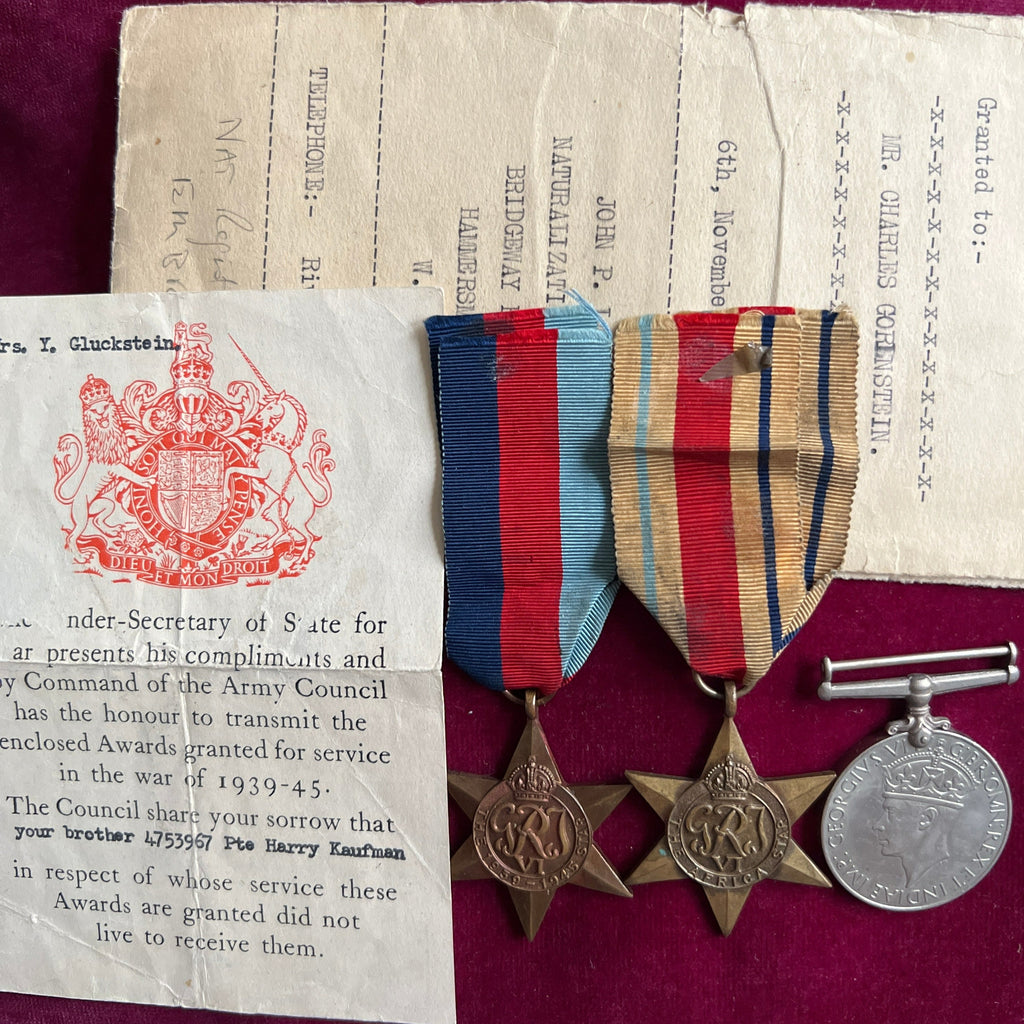 Group to Pte. Harry Kaufman, 4th Bn., Green Howard's Yorkshire Regiment, shot while evading the enemy from captivity in Italy 9/5/1944, originally captured in North Africa, commemorated on the Alamein Memorial, includes papers, lots of interesting history