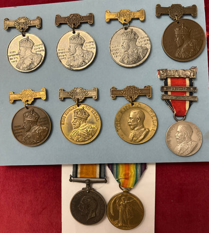 WW1 pair to 3306/ 721079 Pte. Harold E. Lee, 24 London Regt., with 8 school medals for good attendance from 1905-1912, from 200 Penton Place, Walworth, London