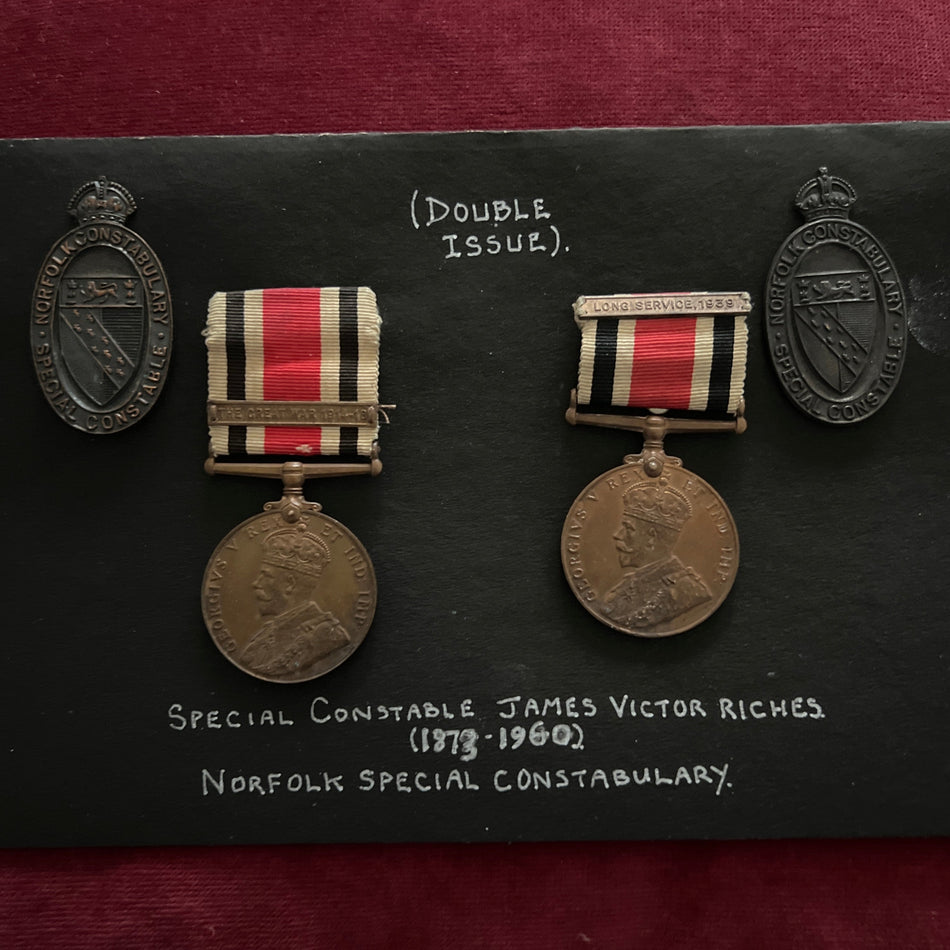 Two Special Constabulary Long Service Medals, George V, double issue to Special Constable James Victor Riches, Norfolk Police Special Constabulary, with history