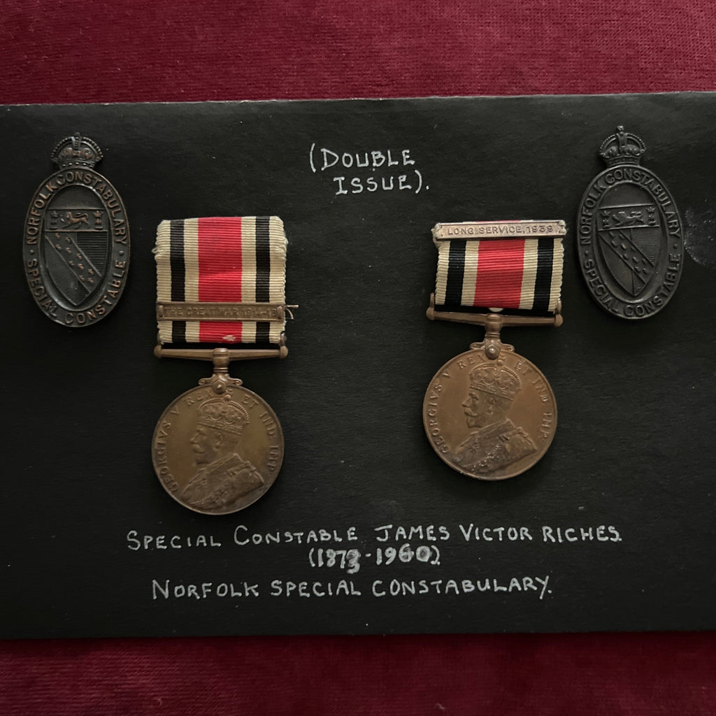 Two Special Constabulary Long Service Medals, George V, double issue to Special Constable James Victor Riches, Norfolk Police Special Constabulary, with history