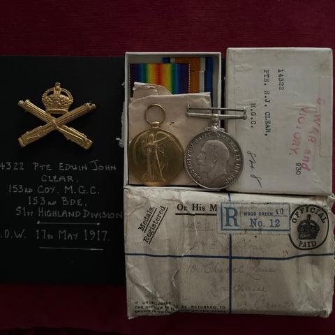 WW1 pair to Pte. Edwin John Clear, 153rd Coy., Machine Gun Corps, 51st Highland Division, prisoner of war 17th May 1917