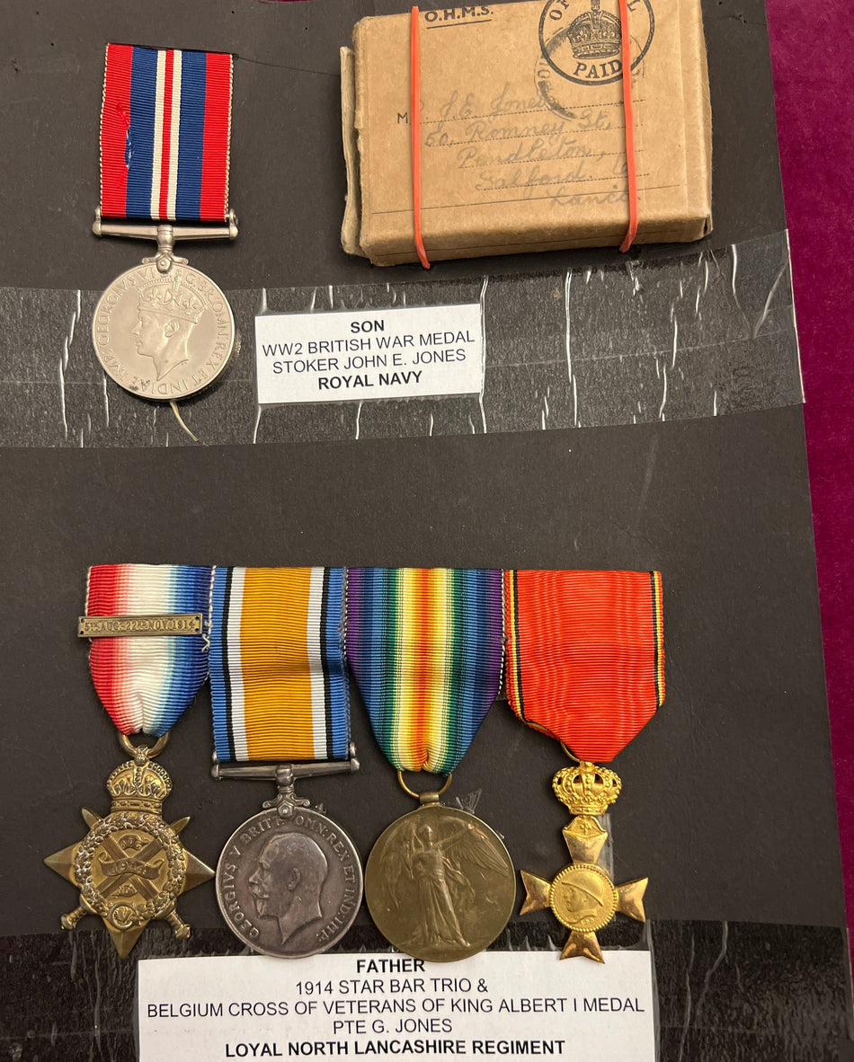 Father & son medal groups: 1914 Star trio with Belgium Cross of Veterans of King Albert I plus ID card to Pte. G. Jones (father), Loyal North Lancashire Regt. & British War Medal to Stoker John E. Jones (son), Royal Navy