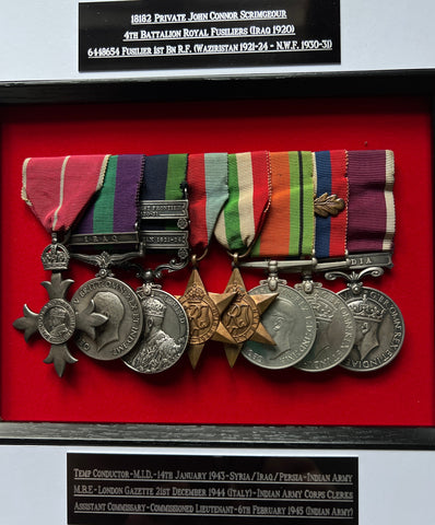 MBE group of 8 to Pte. John Connor Scrimgeour, 4 Royal Fusiliers (Iraq 1920), Temp Conductor, MiD 14/1/1943- Syria/ Iraq/ Persia- Indian Army. MBE, LG: 21/12/1944 (Italy)- Indian Army Corps Clerks. Assistant Commissary- Commissioned Lieutenant- 6/2/1945