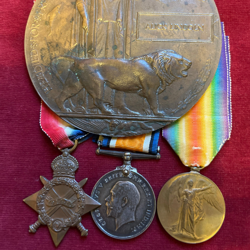 WW1 trio & Memorial Plaque to Able Seaman Alick Lincoln, Royal Navy, killed by a mine explosion in the English Channel 8th February 1917 onboard HMS Ghurka