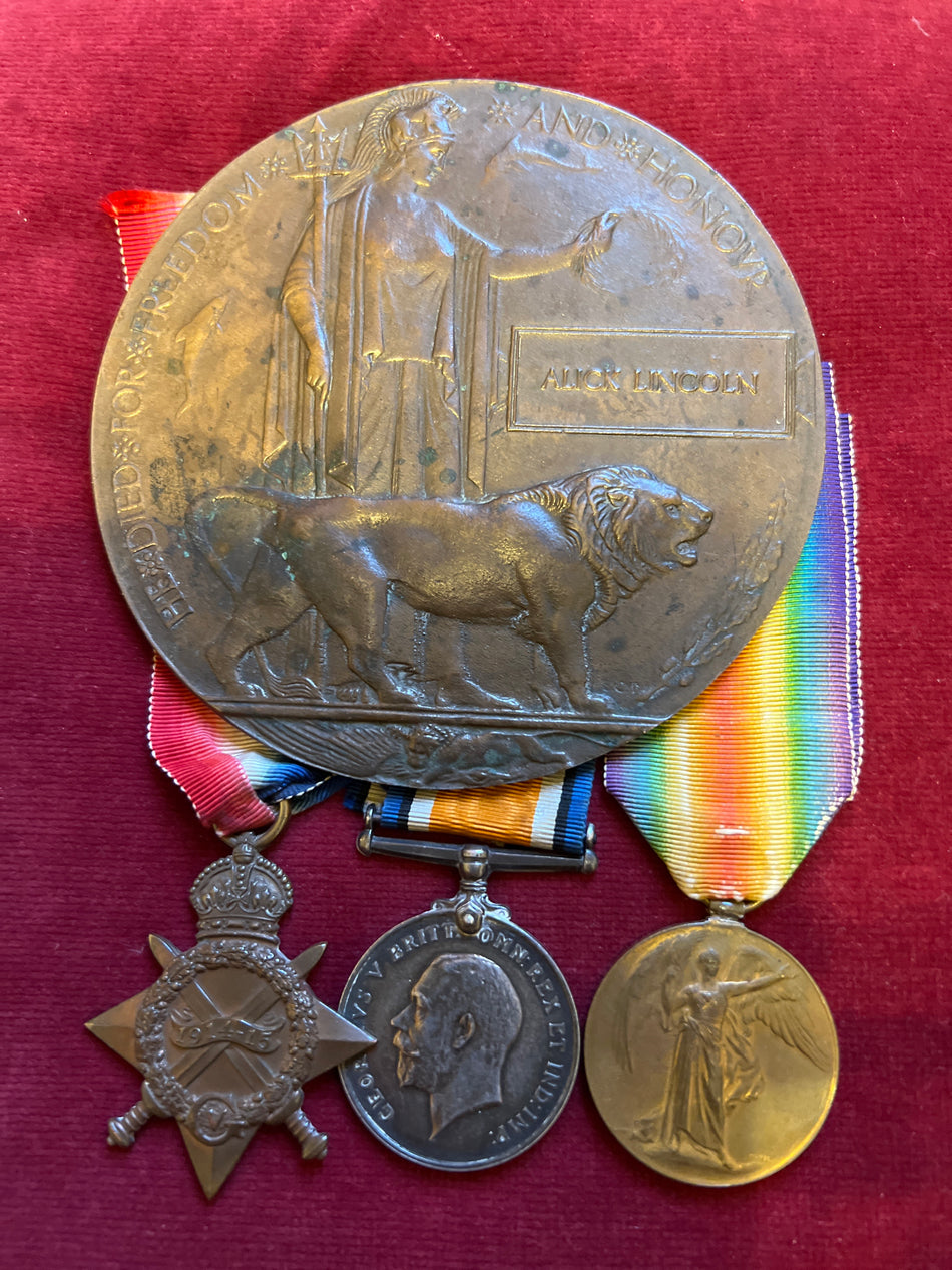 WW1 trio & Memorial Plaque to Able Seaman Alick Lincoln, Royal Navy, killed by a mine explosion in the English Channel 8th February 1917 onboard HMS Ghurka