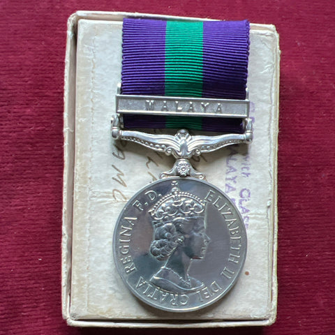 General Service Medal, Malaya bar, to 23617466 Pte. R. Hyland, Royal Army Medical Corps, in box of issue