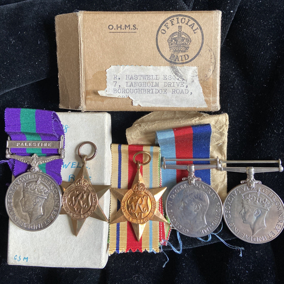 Group of 5 to 521788 Leading Aircraftsman R. Hastwell, RAF. General Service Medal, Palestine clasp (for service in the British Mandate of Palestine between 19th April 1936 and 3rd September 1939, during the Arab Revolt)