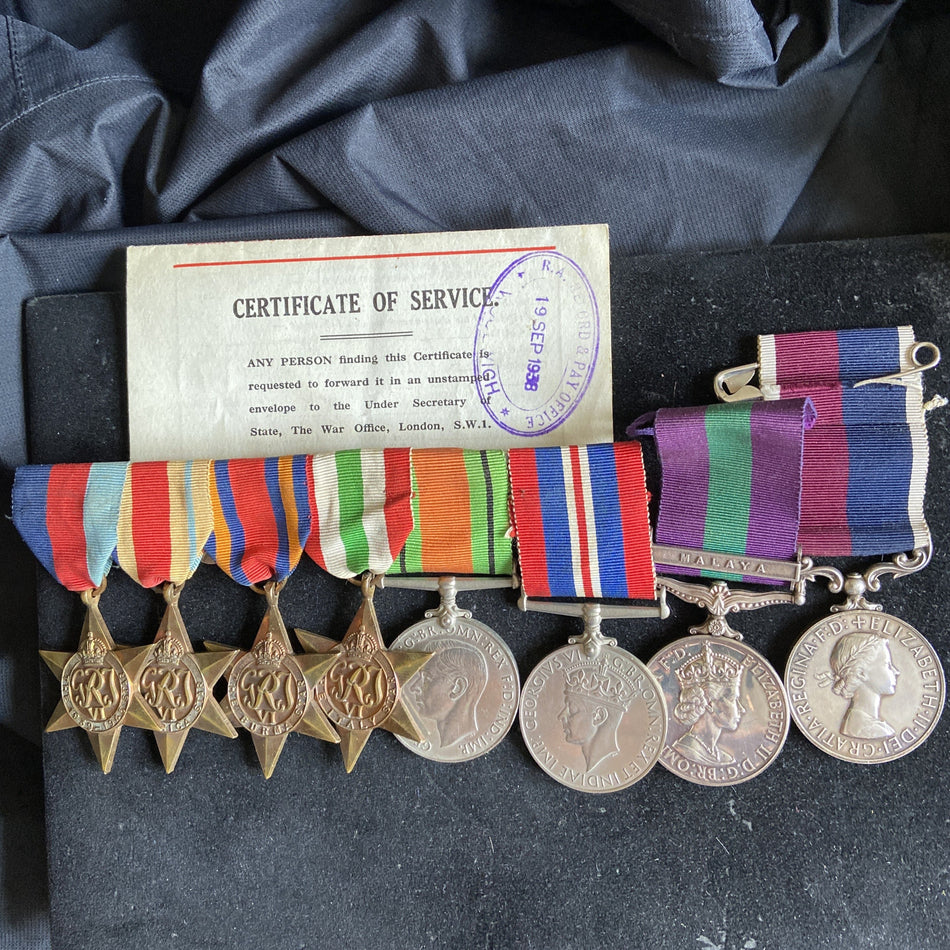 Group of 8 to Gunner William Brown. Joined as a Territorial in the Royal Artillery 26/1/1937, later joined the RAF 25/8/1938, service in North Africa, Burma, Italy, & after the war in Malaya