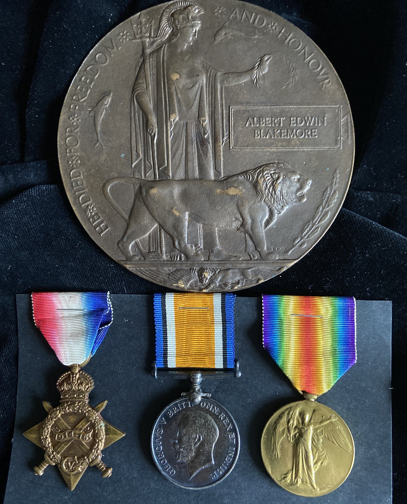 WW1 trio & Memorial Plaque to Albert Edwin Blakemore, 1/6 Cheshire Regiment. Killed in action 28 February 1918, he is commemorated on the Thiepval Memorial