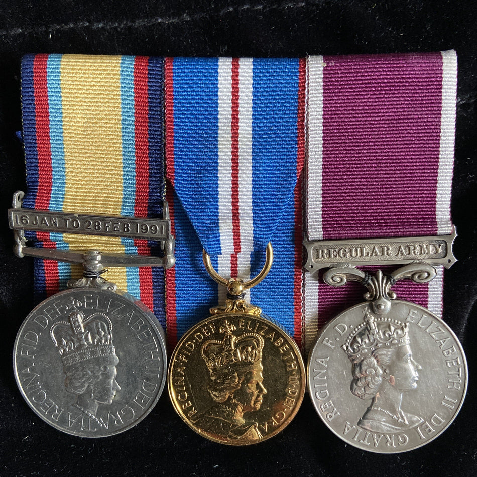 Trio to 24665788 Staff Sergeant Steve Quinn, Royal Army Medical Corps for 22 years. Started as a Medical Assistant, attached to and served with the Infantry Signals and Logistics units in various parts of the world. With a copy of his full service history