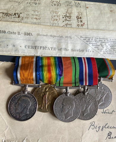 WW1/WW2 group of 5 to Lieutenant Commander Samuel Walter Bonfield, Royal Navy Volunteer Reserve, served 1917-1918 on HMS Monarch, later HMS Barham, Lieutenant Special Branch Cadet Medal 10/1/1952, with original service papers