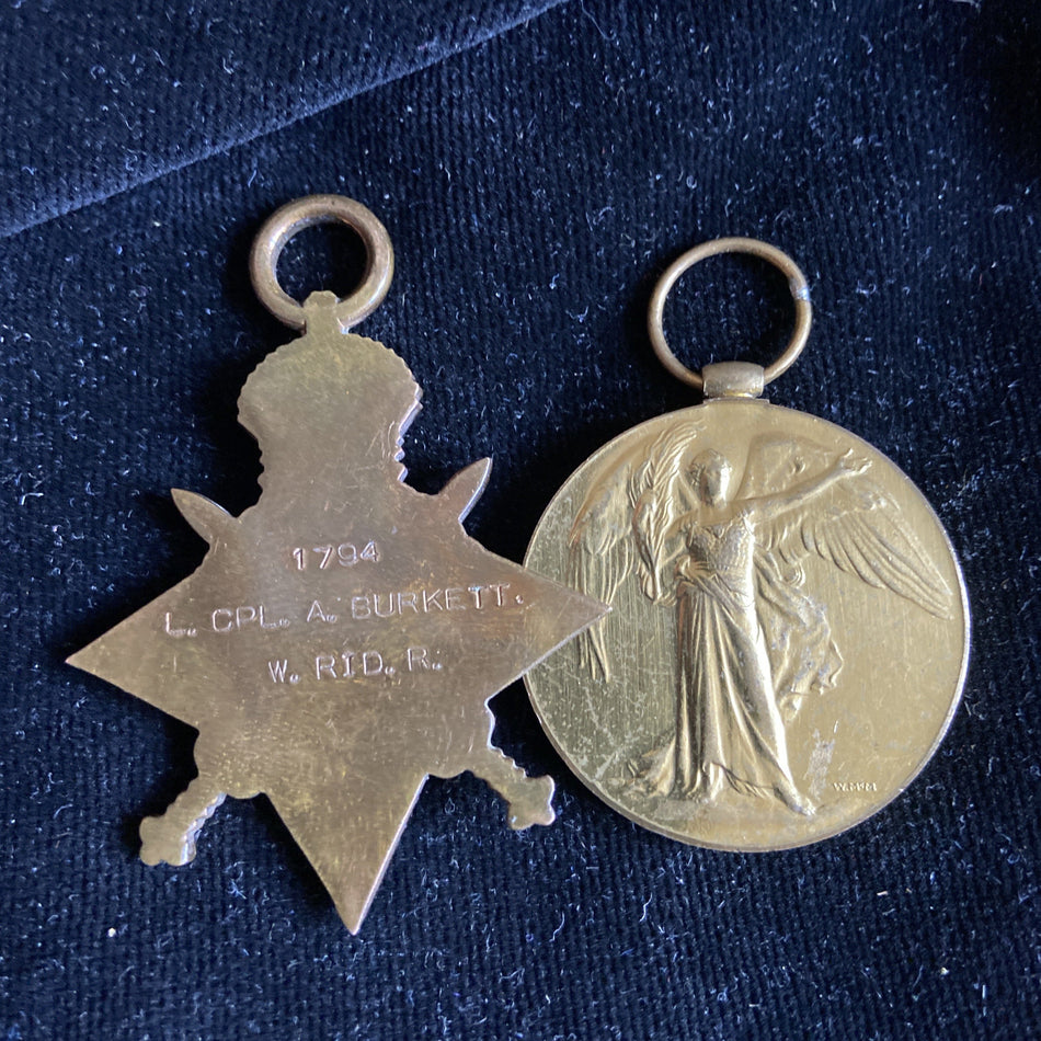 WW1 pair to 1794 L/Cpl. Alfred Burkitt, West Riding Regiment, he then transferred to the RAF; 41527 Air Mechanic