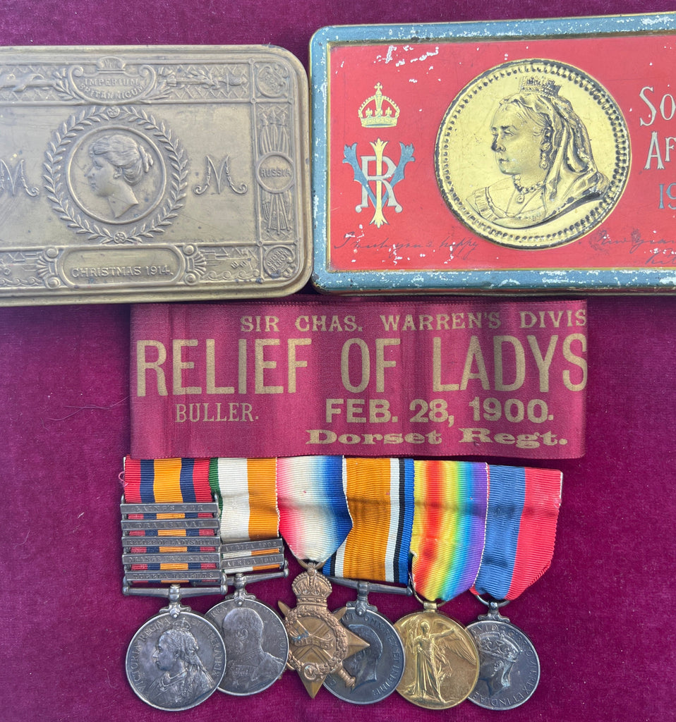 Group of 6 to Pte,/ Spr. Alfred E. Coates, Dorset Regiment, Royal Engineers. Present at the Relief of Ladysmith, Tugela Heights & Laing's Nek. With Princess Mary tin (WW1), South Africa Tin & ribbon for South African Relief of Ladysmith, Feb. 28, 1900