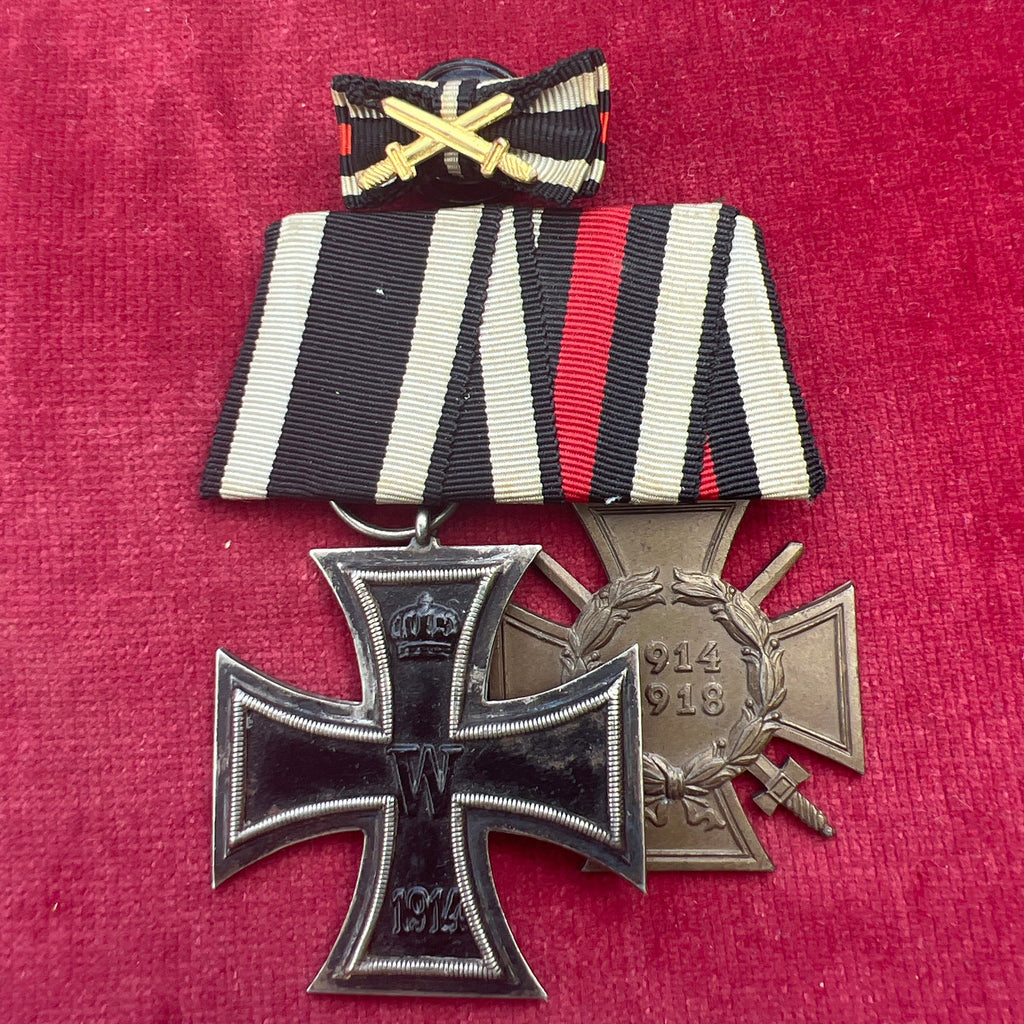 Germany, WW1 pair, Iron Cross (marked K.O.) & Cross of Honour (marked W.K.), with ribbon bar