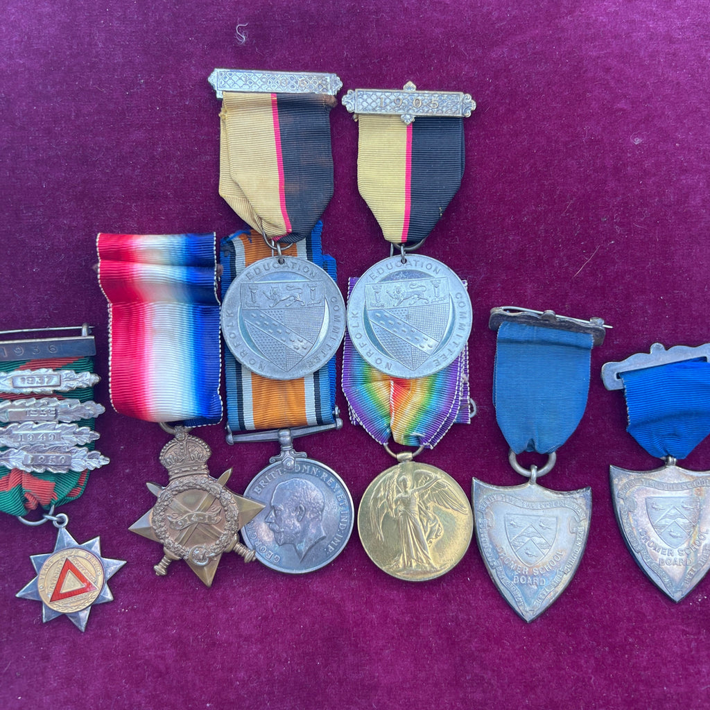 WW1 trio with school medals for Cromer Scool Board 1903-04, Norfolk Education Committee 1905-6, some hallmark silver, to Driver Cyril Aldis, Army Service Corps, France 1915-18, also with a good driving medal 1936