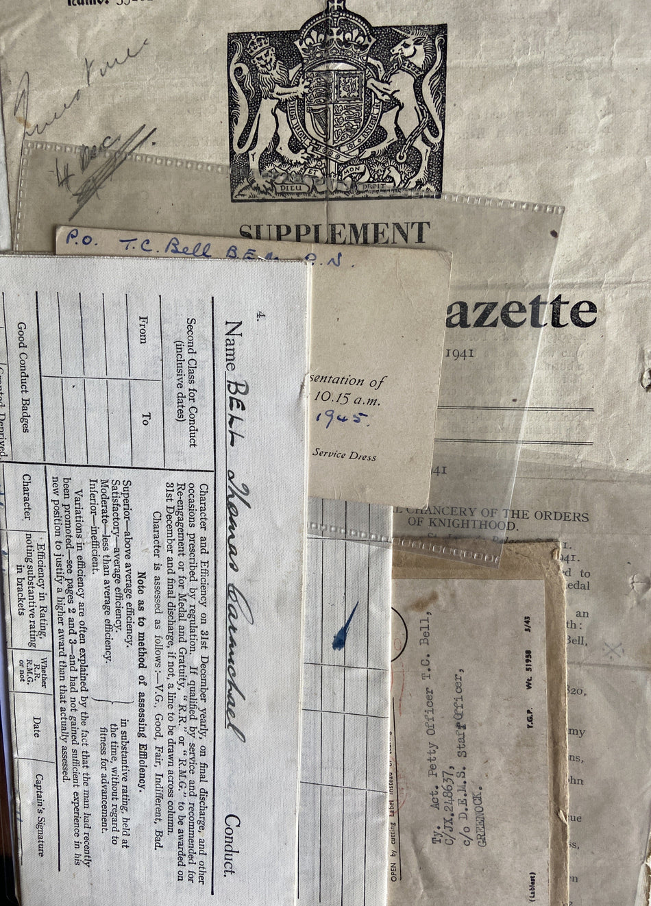 Group of 5 to JX/24837 Petty Officer Thomas Carmichael Bell, D.E.M.S., HMS President III, Royal Navy. Presented the British Empire Medal 4/12/1945 by the King, for bravery and enterprise during the Plymouth blitz. With original documents, see description