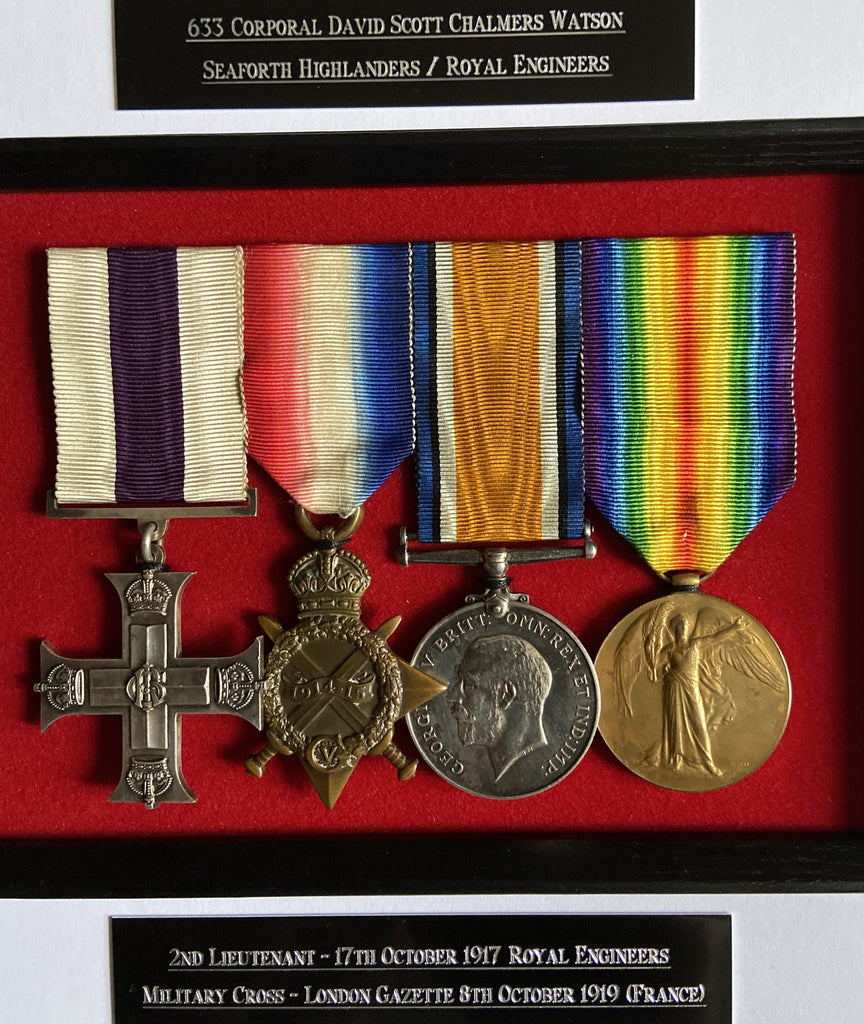 Military Cross group of 4 to 633 Corporal David Scott Charmers Watson, Seaforth Highlanders/ Royal Engineers. Military Cross for gallantry at Fay Farm near Kappaart, 21 October 1918, saved & helped/ bandaged wounded under fire, War Medal unnamed