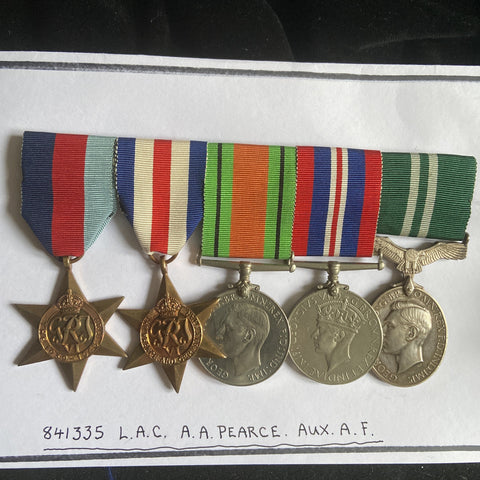 WW2 group of 5 to 841335 Leading Aircraftman A. A. Pearce, Royal Auxiliary Air Force, includes Air Efficiency Award