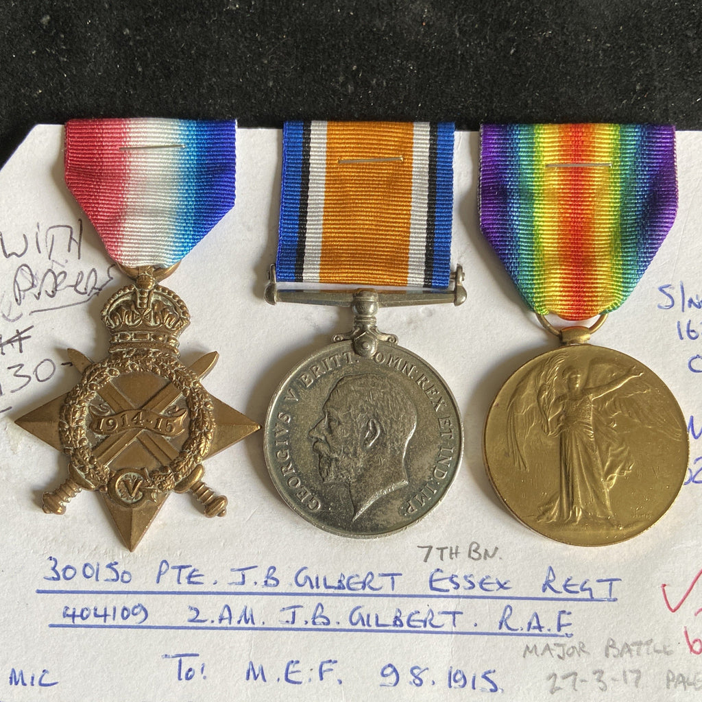 WW1 trio to 300150 Pte. J. B. Gilbert, Essex Regiment/ 404109 2Air Mechanic, R.A.F., M.E.F. 09/08/1915, served Palestine 27/03/1917