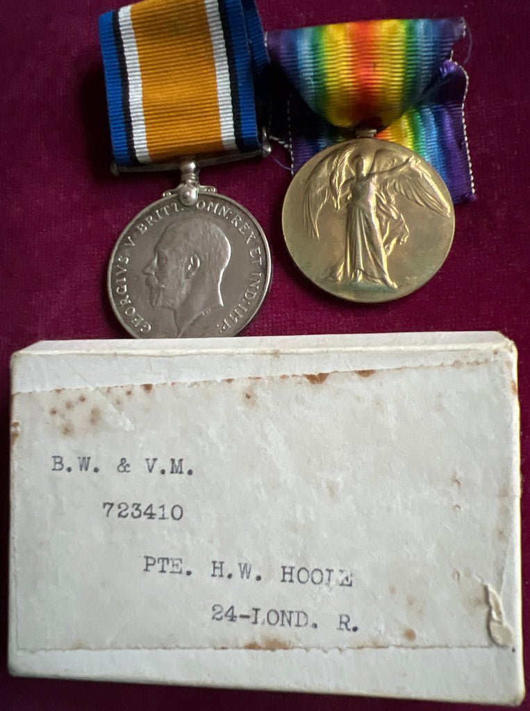 WW1 pair to Harold William Hoole, 24 London Regiment, later served in the Buffs, he came from 12 Kestrel Avenue, Herne Hill, London, with service papers and original box of issue
