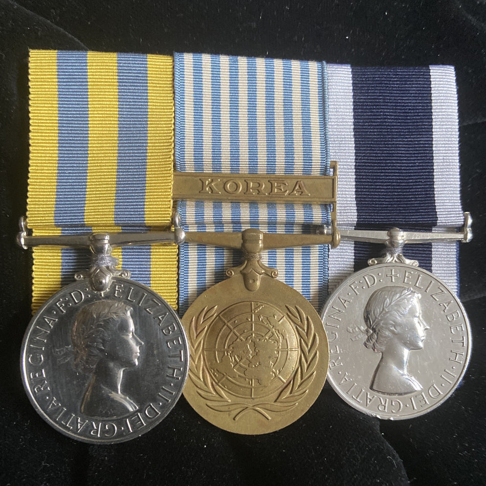 Korea trio to P/MX 842512 Shipwright 4 Gordon F. Rees, Royal Navy. Queen's Korea marked replacement on long service, HMS Nubian, F131 tribal class destroyer 1962-79, ops. in Beira & Belize, with some history