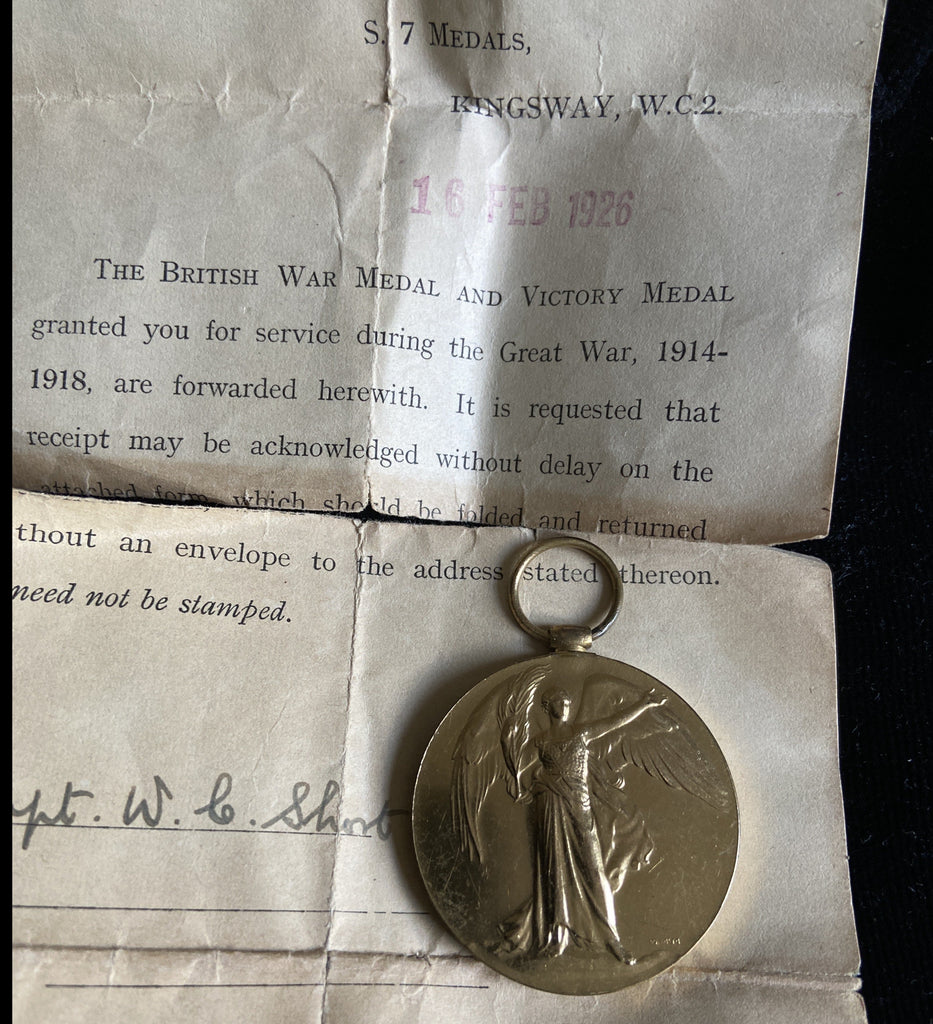 Victory Medal to Capt. William Courtenay Short, Royal Naval Air Service, later RAF. Served in Administrative Staff, states in papers that he was mentioned in a report for valuable service whilst in captivity, served late in the war, some service history