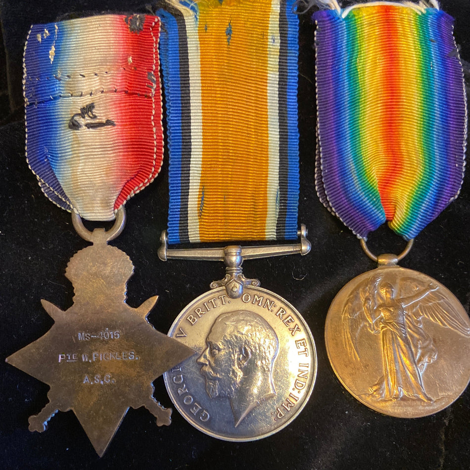 WW1 trio to MS/4015 Pte. William Pickles, 8 Division Supply Column, Army Service Corps 5/11/1914, full papers, later served in the A.R.P. in WW2, includes some history