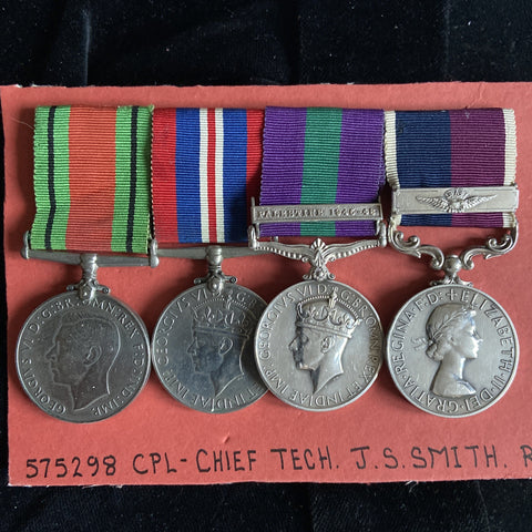 WW2 group of 4 to Corporal Chief Technician John Stanley Smith, Royal Air Force. War Medal, Defence Medal, General Service Medal, Palestine 1945-48 bar, & RAF Long Service & Good Conduct Medal with bar