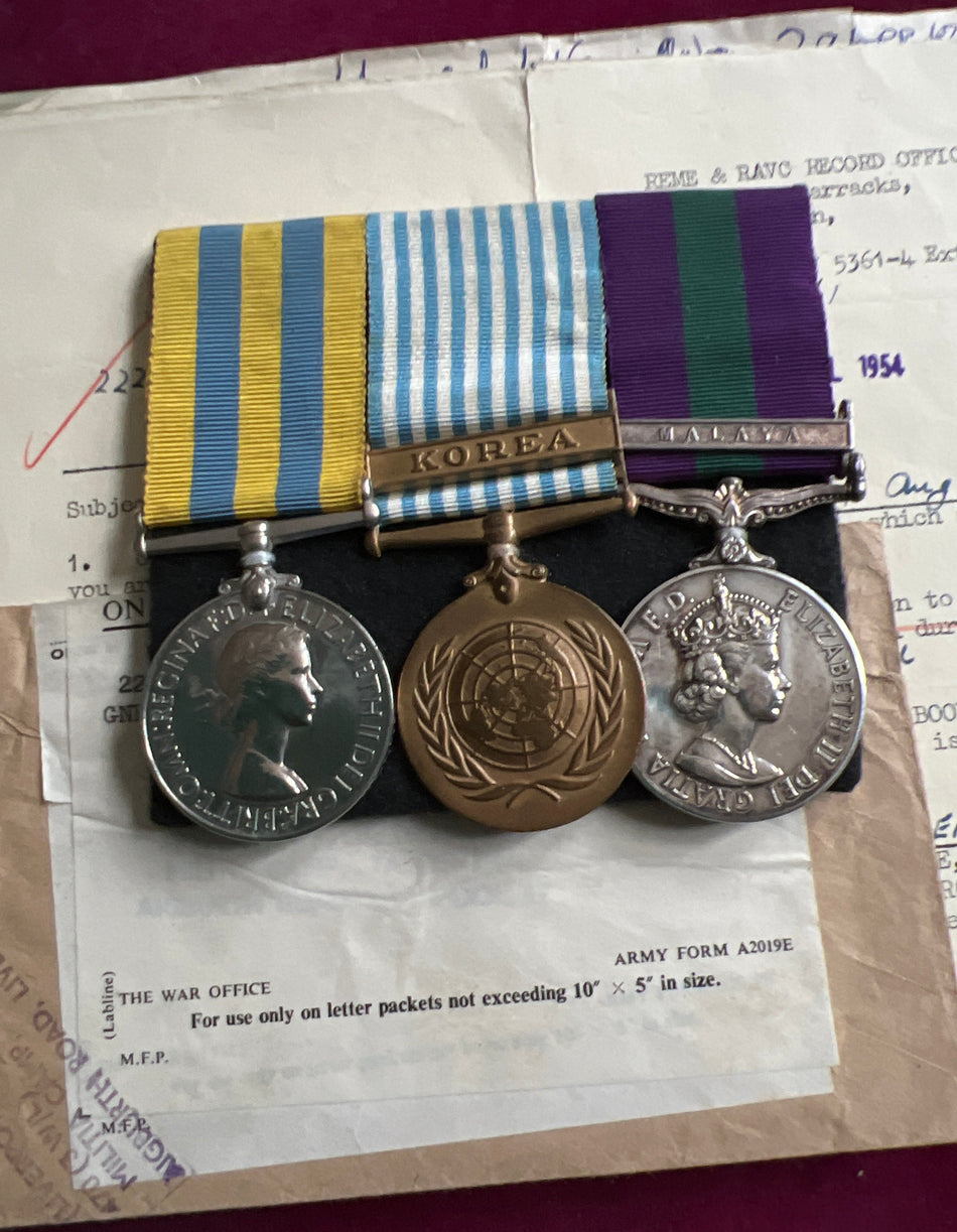 Group of 3 to 22286796 CFN. G. D. Crewe, R.E.M.E. (for Korea), then re-enlisted Driver Air Despatcher, 47-55 Air Despatch Squadron, includes some history