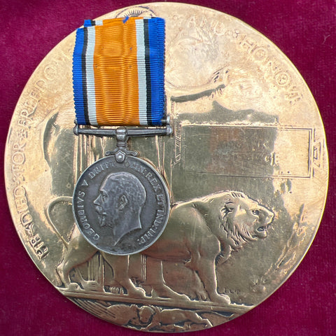 British War Medal & Memorial Plaque (worn) to 3755 Pte. Frank Etheridge, 2/Worcestershire Regiment, died of wounds 22/3/1918, Morchies Military Cemetery, Department Du, Pas-de-Calais, France