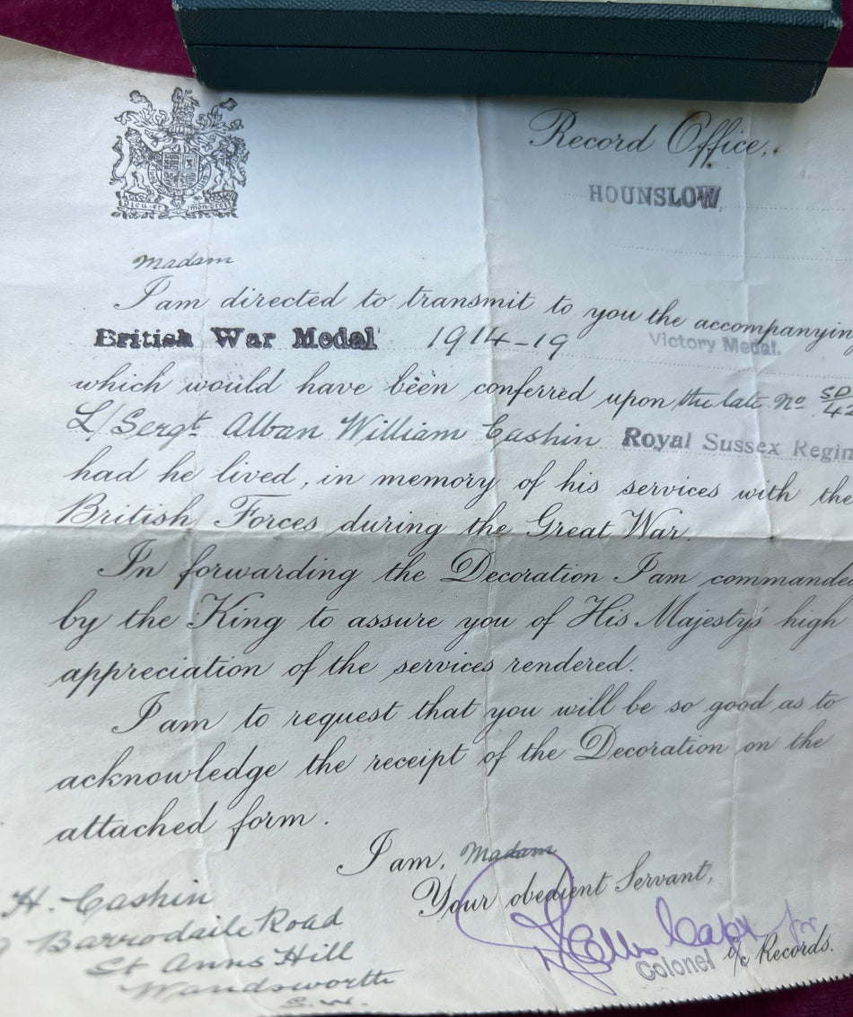 Memorial Plaque, scroll & Buckingham Palace letter to SD/4207 Lance Sergeant Alban William Cashin, 13 Battalion, Royal Sussex Regiment. Killed in action 26th March 1918, he came from Saint Ann's Hill, Wandsworth, London. On the Pozieres Memorial, France