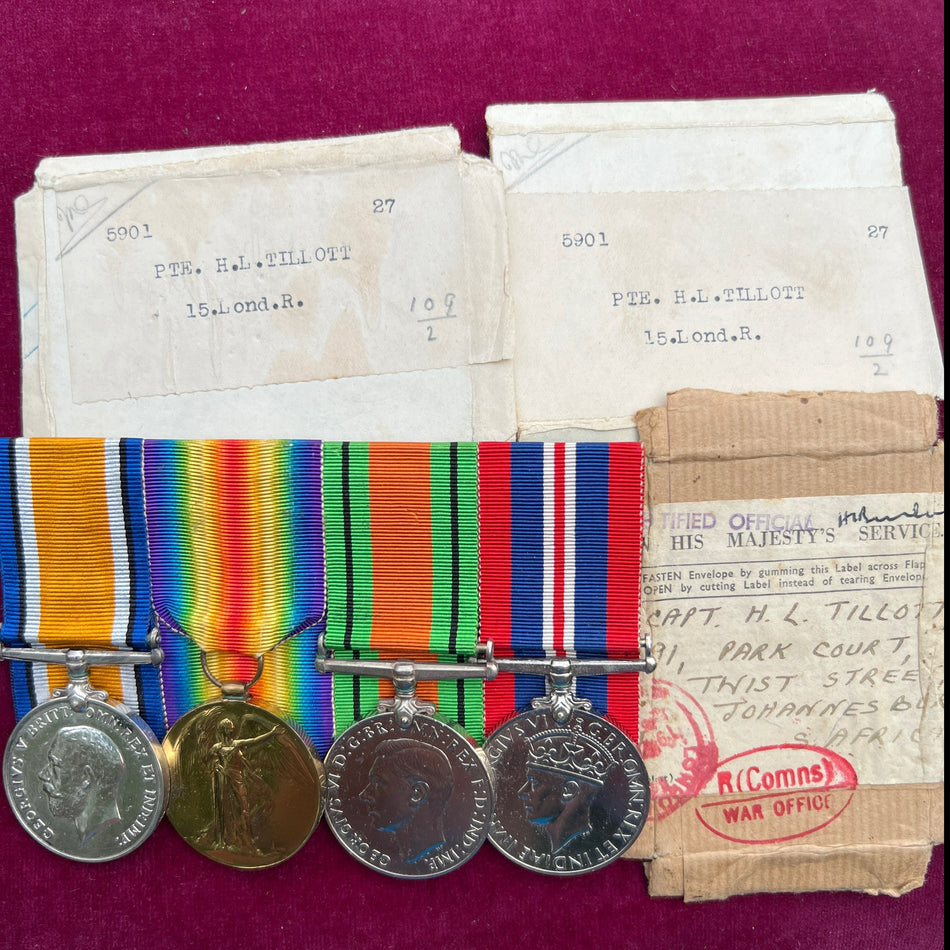 Herbert Leonard Tillot, 15 London Regt. Enlisted Feb 1916, arrived Somme 23/8/1916, Battle of High Wood 15/9/1916, returned to UK 8/2/1917 recalled Dec 1939, joins a unit of the Royal Army Pay Corps, B.M.A. Somalia 1946-50 under the Foreign Office