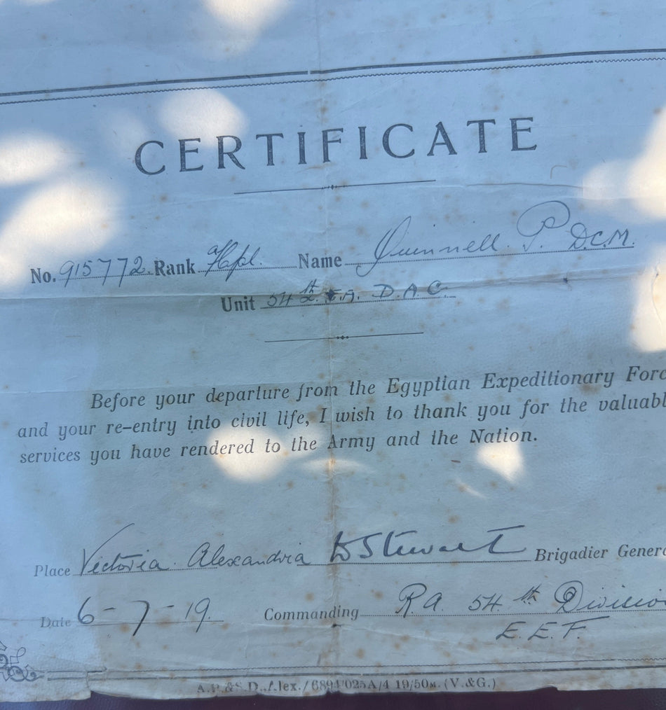 WW1 DCM trio to 915772 Gunner/ Lance Corporal Percy Quinnell, served Egypt attd. No.5 M.M. Battery, Royal Field Artillery. Killed an enemy machine gun crew after being struck in the head by a splinter. With two certificates signed by General Allenby