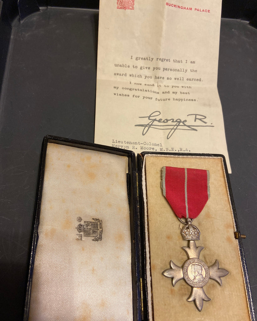 Member of the Order of the British Empire, military, with Buckingham Palace letter, to Lieutenant Captain Major Melvyn Reginald Moore, Royal Artillery, MiD 11th November 1943, includes history