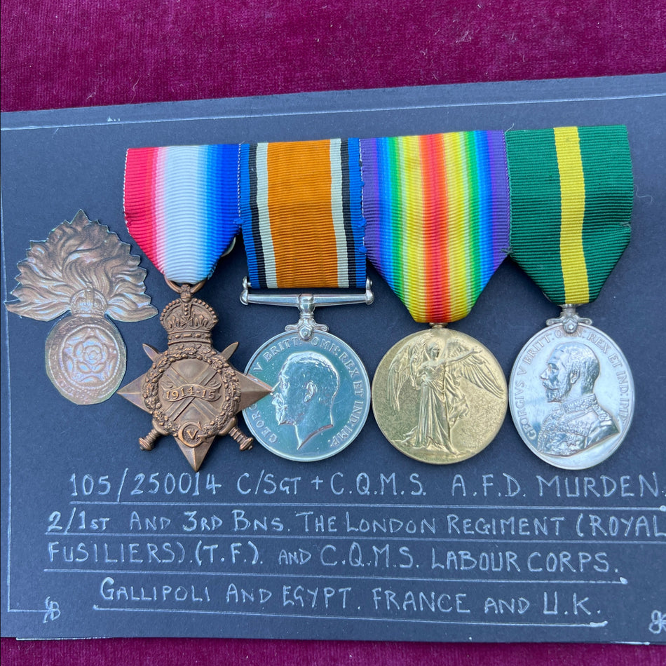 Group of 4 to 105/250014 C/Sgt. + C.Q.M.S. A.F.D. Murden, 2/1st & 3rd Battalions, The London Regiment (Royal Fusiliers)(T.F.) & C.Q.M.S. Labour Corps, Gallipoli & Egypt, Francs & UK