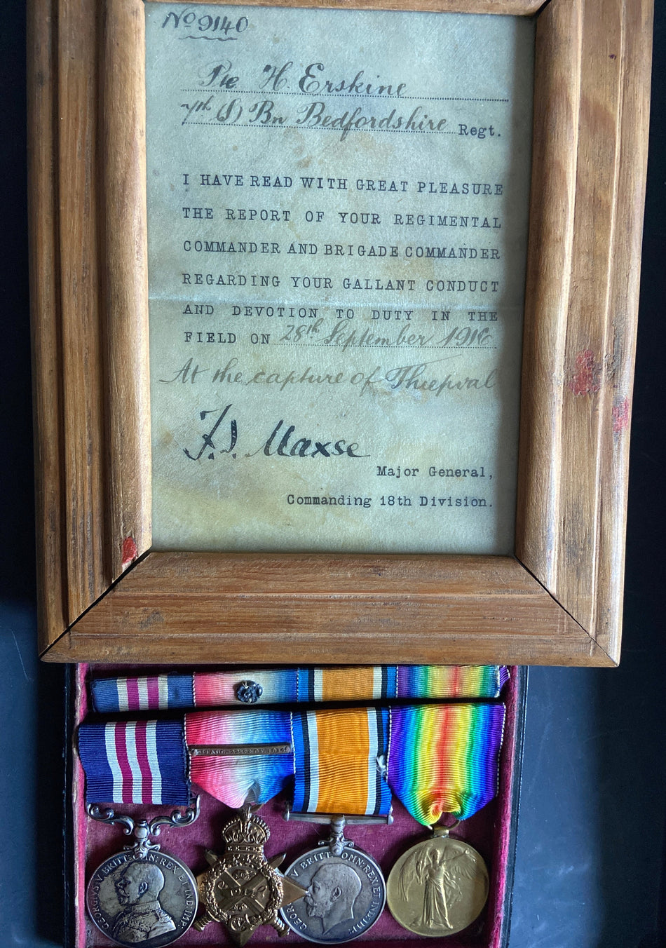 Group of 4 to 64952314 Pte. Henry Erksine, 2 Bedfordshire Regiment, later Labour Corps, France, 6/10/1915, MM awarded for gallantry on the field 28th September 1916 at the capture of Thiepval, with original document for the award, includes full history