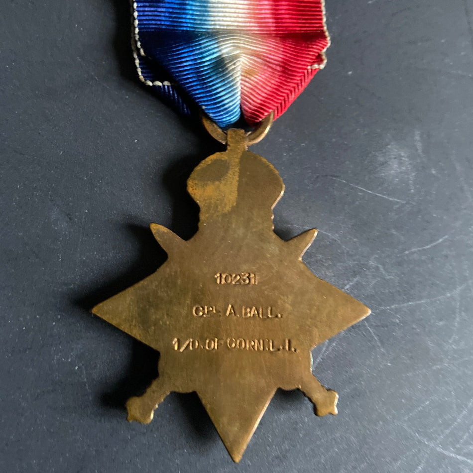 1914 Star to 20231 Arthur Edward Ball, 1 Duke of Cornwall Light Infantry, killed in action 23rd July 1916, from Stockwell, London, commemorated on the Thiepval Memorial, includes history