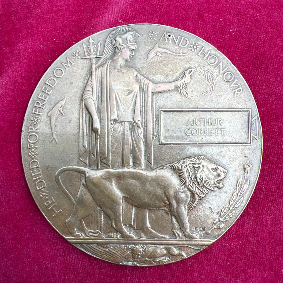 Memorial Plaque to 553232 Pte. Arthur Corbett, 15/ London Regiment, killed in action 5th March 1918, Kantara War Cemetery, Egypt