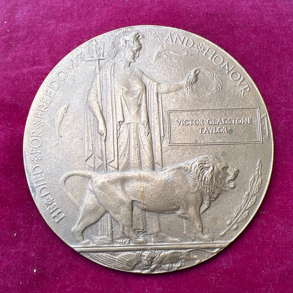 Memorial Plaque to Able Seaman Victor Gladstone Taylor, Drake Battalion, Royal Naval Division. Killed in action 25th March 1918, aged 19, he came from 63 Lillie Road, Fulham, London, remembered with honour at Arras Memorial