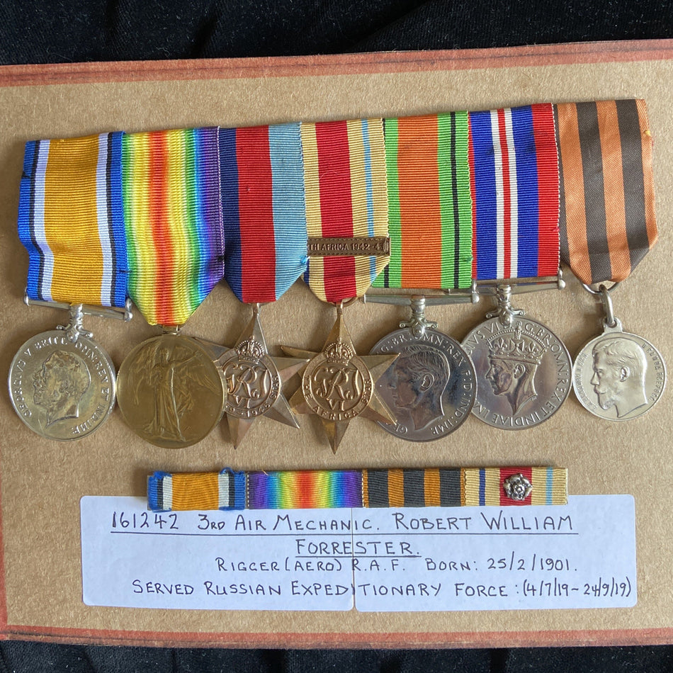 Group of 7 to 161242 3rd Air Mechanic Robert William Forrester, Rigger (Aero) R.A.F. Born: 25/2/1901, served Russian Expeditionary Force (4/7/19- 24/9/19), with Russian Bravery Medal (not confirmed) numbered 19558, served WW2 in North Africa, with history