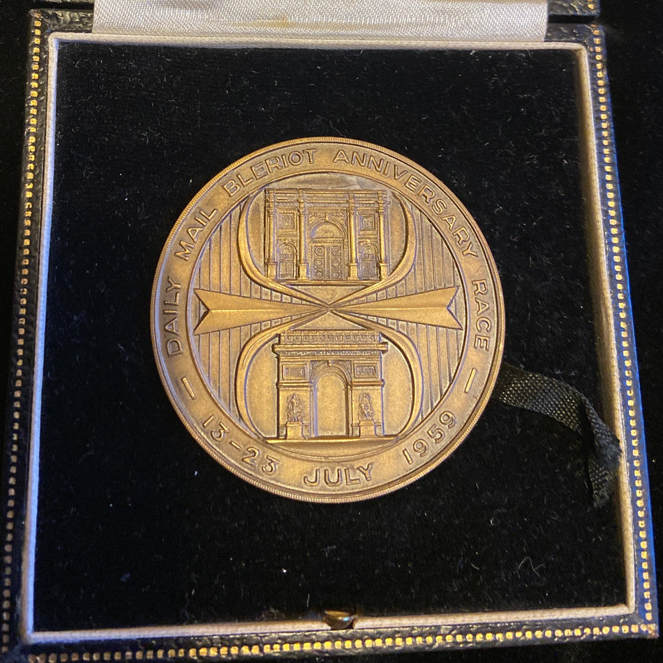 Boxed Medallion, Daily Mail Bleriot Anniversary Cross Channel Air Race, 13th - 23rd July 1959, bronze, awarded to Lieutenant Commander W. J. Carter, Royal Navy