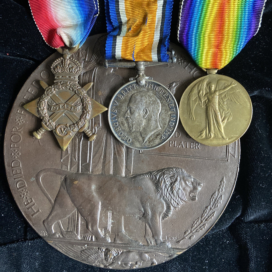 WW1 trio & Memorial Plaque to G/2601 Lance Corporal Alfred Geoge Plater, 12 Bn., A Coy., Middlesex Regt. Died of wounds 14 July 1916, Longeval, France. Son of George & Mary Elizabeth Plater of Tufnell Park, London. Includes full service papers