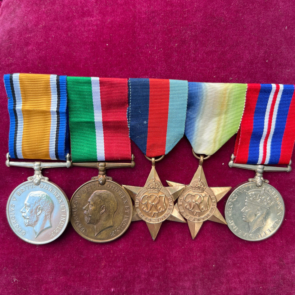 WW1/ WW2 merchant navy group of 5 to Captain & Master Peter Little, who was killed by an ariel bombing from a German long-range bomber on 16th April 1941, en route from Sierra Leone to Liverpool. Includes a large file of research, see description