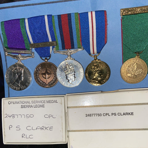 Group of 4 to 24877750 Corporal P. S. Clarke, Royal Logistics Corps, with scarce ribbon for Sierra Leone confirmed with box of issue for medal
