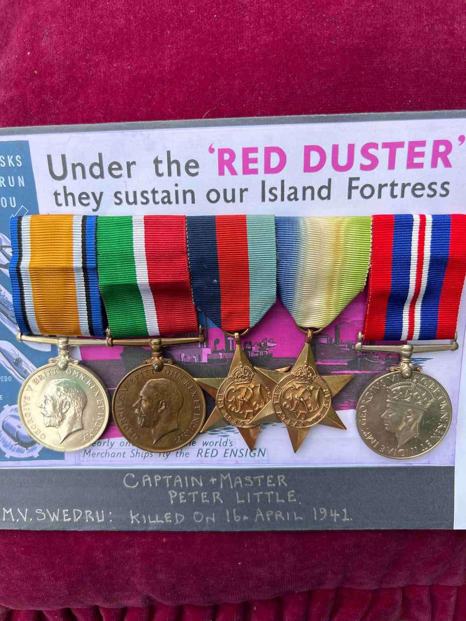 WW1/ WW2 merchant navy group of 5 to Captain & Master Peter Little, who was killed by an ariel bombing from a German long-range bomber on 16th April 1941, en route from Sierra Leone to Liverpool. Includes a large file of research, see description