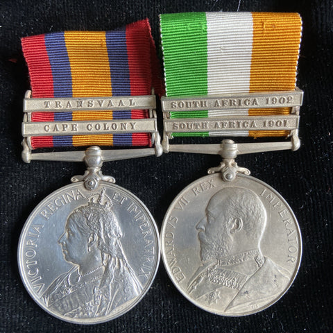 Queen's South Africa Medal (2 bars)/ King's South Africa Medal (2 bars) pair to 1523 Bandsman P. G. May, Duke of Edinburgh's Own Volunteer Rifles, with history